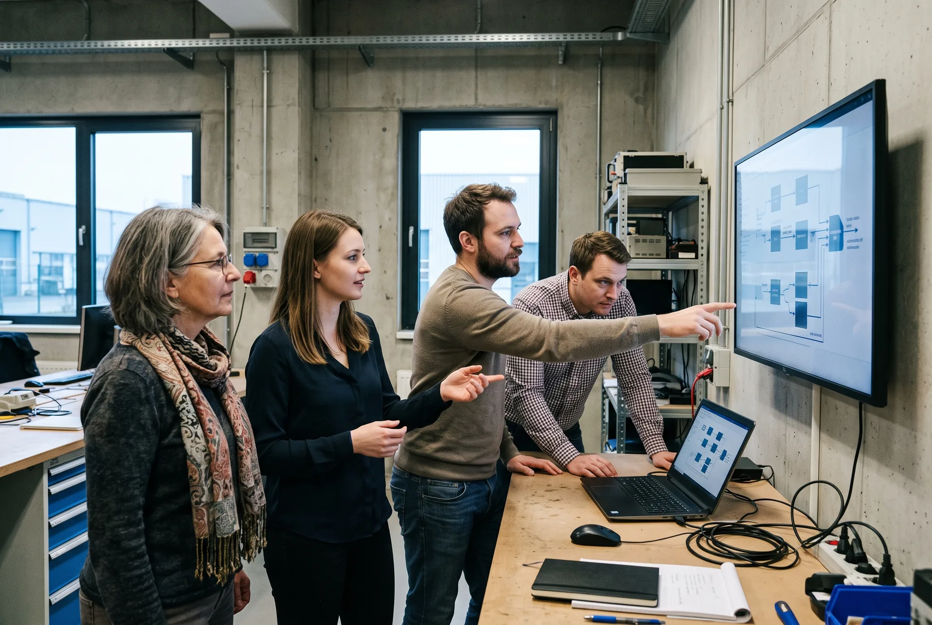 Kleines interdisziplinäres Team bespricht einen digitalen Arbeitsablauf